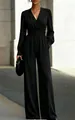 Elegant black V-neck long sleeve jumpsuit with wide leg design for women - XS / Jumpsuits / Black