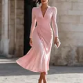 Elegant long-sleeved V-neck draped pink midi dress with irregular pleated details - XS / Dresses / Pink