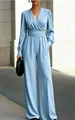 Elegant light blue V-neck long sleeve wide-leg jumpsuit with cinched waist detail - XS / Top And Bottom / Light Blue
