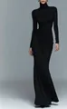 Elegant slim fit long sleeve black maxi dress with high neck and waist gathering - XS / Dresses / Black