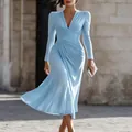 Elegant V-neck ruched long sleeve light blue midi dress detail - XS / Dresses / Light Blue
