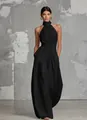 Detailed view of an elegant black halter neck wide-leg jumpsuit for women - XS / Black