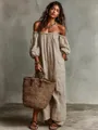 Full view of elegant off-the-shoulder striped maxi dress for a bohemian summer look - S / Dresses / Off White