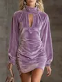 Close-up of purple velvet mini dress featuring high neck, cutout, and ruched sides - Violet