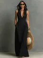 Chic sleeveless button-down maxi dress in black featuring a classic shirt collar detail - XS / Dresses / Black
