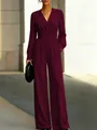 Elegant burgundy V-neck wide-leg jumpsuit with long sleeves and pleated waist design - XS / Top And Bottom / Burgundy
