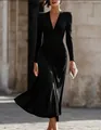 Detailed view of elegant black V-neck maxi dress featuring ruched waist and long sleeves - 3XL / Dresses / Black