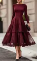 Elegant burgundy long sleeve mesh tiered dress with French Hepburn style for autumn wear. - S / Dresses / Burgundy