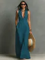 Elegant sleeveless teal maxi dress with shirt collar and front button-down design - XS / Dresses / Malachite green