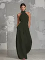Elegant olive green halter neck wide-leg jumpsuit with a backless and sleeveless design. - XS / Dark Gray