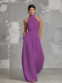 Detailed full view of an elegant purple halter neck wide-leg jumpsuit on a model - XS / Top And Bottom / Purple