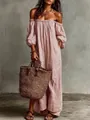 Elegant pink and white striped off-the-shoulder summer maxi dress shown on a model - S / Dresses / Pink