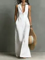 Elegant sleeveless white button-down maxi shirt dress with side pockets and collar - XS / Dresses / White