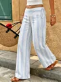Close-up of blue and white striped wide-leg trousers featuring a chic side-tie waist detail. - S / Bottoms / Light Blue