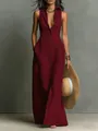 Detail of a burgundy sleeveless maxi shirt dress with elegant button-down front design - XS / Dresses / Burgundy