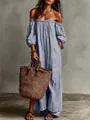Elegant off-the-shoulder blue and white striped maxi dress perfect for casual summer wear - S / Dresses / Blue