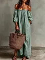 Elegant green striped off-the-shoulder maxi dress with puff sleeves and bohemian casual style - S / Dresses / Green