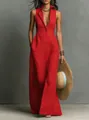 Elegant red sleeveless button-down maxi dress with shirt collar for summer - XS / Dresses / Red