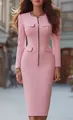 Detail view of pink slim fit long sleeve knit dress with front zipper and pockets - S / Dresses / Pink
