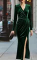 Elegant dark green long-sleeved velvet dress with deep V-neck and high side slit - Green