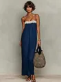 Close-up of navy blue summer holiday maxi dress featuring delicate white lace trim detail - XS / Dresses / Navy Blue