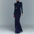 Elegant slim fit navy blue high neck long sleeve maxi evening dress with waist ruching - XS / Dresses / Dark Blue