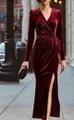 Elegant burgundy velvet evening gown with deep V-neck and high leg slit detail - XS / Dresses / Burgundy
