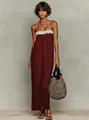 Elegant burgundy summer maxi dress with white floral lace bust trim and slim spaghetti straps - XS / Dresses / Burgundy
