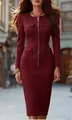 Detail view of a burgundy long-sleeve slim-fit knit dress with a front zipper. - S / Dresses / Burgundy