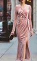 Elegant dusty pink velvet long-sleeve evening dress with deep V-neck and stylish side slit - XS / Dresses / Pink