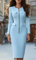 Detailed view of a light blue long sleeve bodycon dress with a front zipper closure - S / Dresses / Light Blue