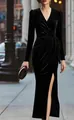 Elegant black velvet V-neck long sleeve wrap dress with a high side slit for evening gala - XS / Dresses / Black