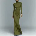 Elegant slim fit olive green turtleneck long sleeve ruched evening maxi dress for women - XS / Dresses / Olive