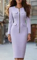 Detail view of lavender long-sleeved knit dress with front zipper and faux pockets - Light Purple