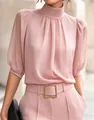 Elegant high-neck pink blouse featuring pleated front and puffy mid-sleeves details - XS / Tops / Pink