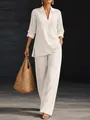 Elegante completo due pezzi in lino bianco da donna con scollo a V e pantaloni larghi - Taglia S / Top E Pantaloni / Bianco