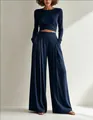 Detail of navy blue two-piece set with irregular wrap top and wide-leg trousers - XS / Top And Bottom / Navy Blue