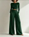 Elegant dark green two-piece ribbed set with irregular crop top and wide-leg trousers - XS / Top And Bottom / Dark Green