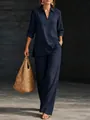 Completo casual da donna blu navy a due pezzi con maglia a scollo a V e pantaloni larghi - Blu scuro