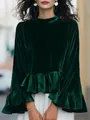 Detail of emerald green velvet top featuring elegant ruffles and flared bell sleeves - S / Tops / Green