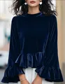 Detailed close-up of navy blue velvet top showing ruffle layers and bell sleeves - Dark Blue