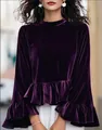 Elegant dark purple velvet blouse featuring bell sleeves and a stylish ruffle hem - Deep purple