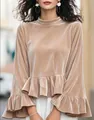 Close-up of elegant champagne velvet top with ruffled bell sleeves and round neck. - Apricot