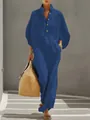 Elegant summer blue V-neck maxi dress with decorative button details and loose casual fit - S / Dresses / Navy Blue