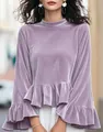 Detail view of lavender velvet top with ruffled flare sleeves and high round neckline. - Light Purple