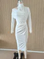 Detailed view of an elegant white ruched off-shoulder midi dress with high neck - S / Dresses / White