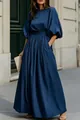Elegantes marineblaues französisches Maxikleid mit Laternenärmeln und Taillierung - S / Kleider / Dunkelblau