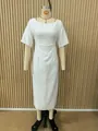 Detailed view of an elegant white midi dress featuring a round neck and stylish elbow sleeves - 3XL / Dresses / White