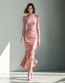 Elegant pink high-neck long-sleeve dress with ruching detail and slim mermaid fit. - XS / Dresses / Pink