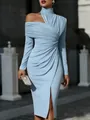 Detail of elegant light blue off-shoulder dress featuring pleated bodice and front slit - Light Blue